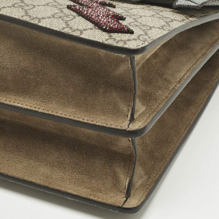 Pre Owned Gucci Beige GG Supreme Canvas and Suede Medium Patchwork Crystal Dionysus Shoulder Bag