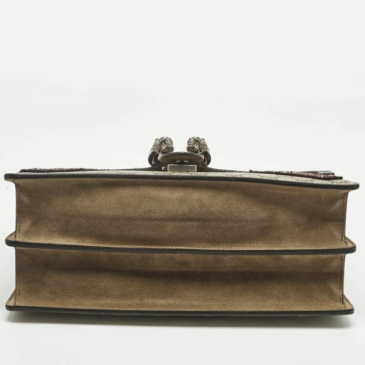 Pre Owned Gucci Beige GG Supreme Canvas and Suede Medium Patchwork Crystal Dionysus Shoulder Bag