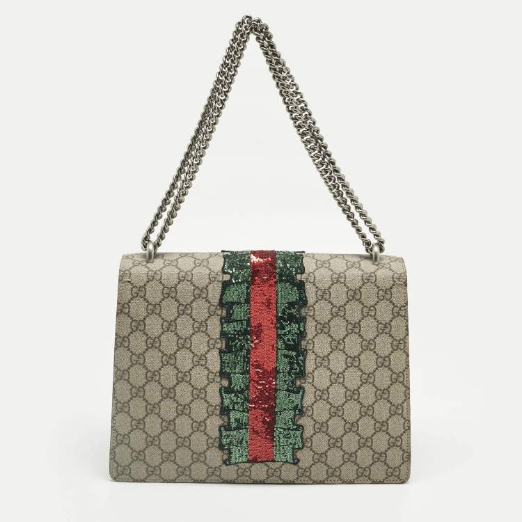 Pre Owned Gucci Beige GG Supreme Canvas and Suede Medium Patchwork Crystal Dionysus Shoulder Bag