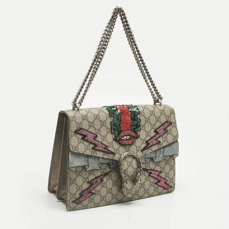 Pre Owned Gucci Beige GG Supreme Canvas and Suede Medium Patchwork Crystal Dionysus Shoulder Bag