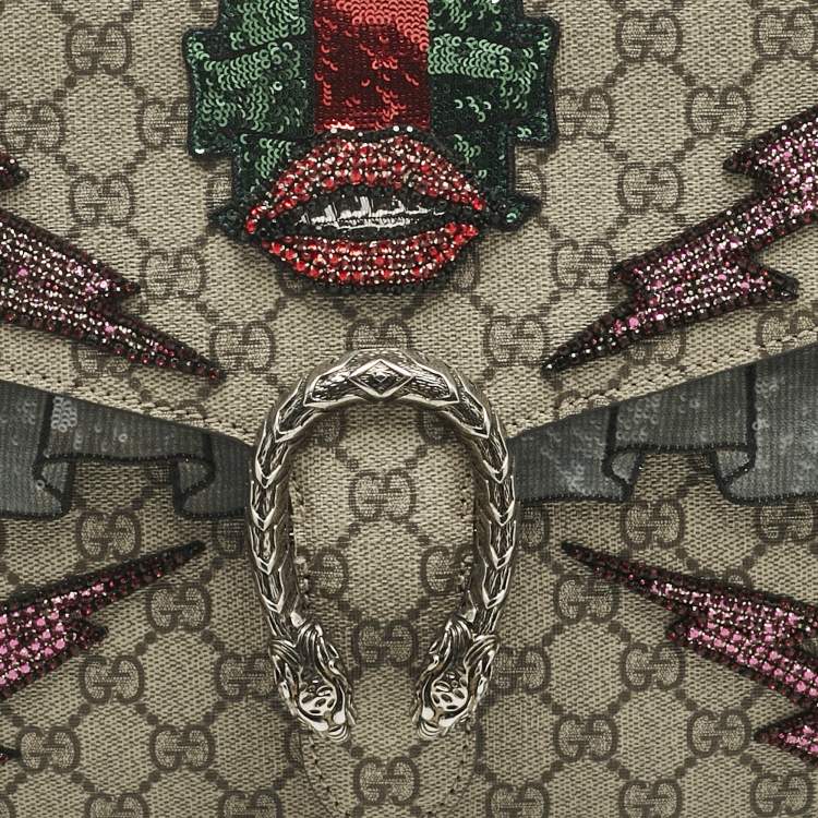 Pre Owned Gucci Beige GG Supreme Canvas and Suede Medium Patchwork Crystal Dionysus Shoulder Bag