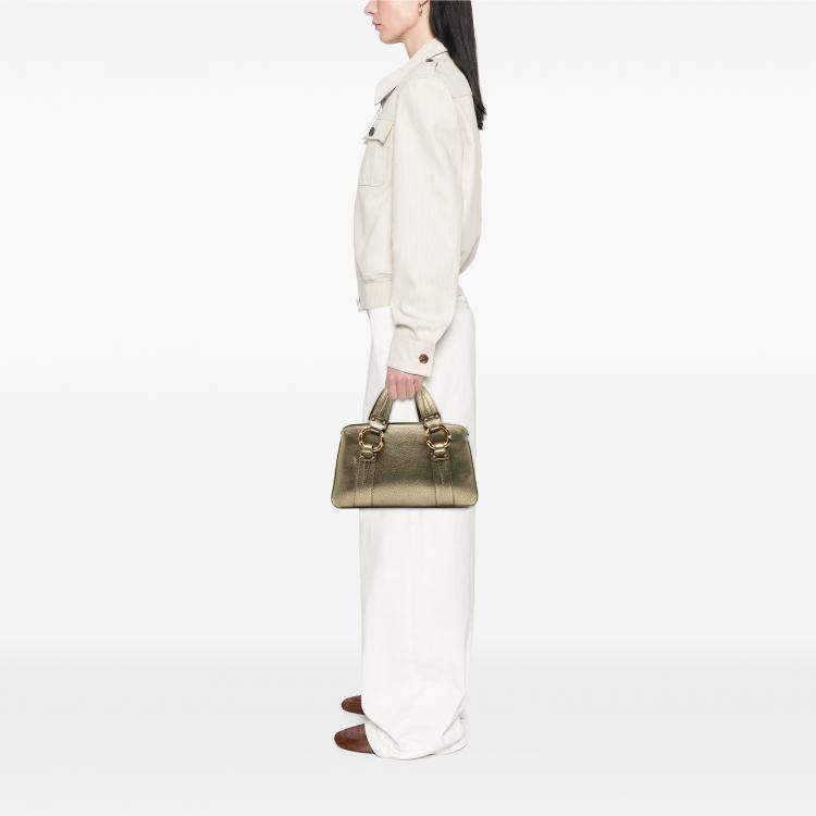 Pre Owned Gucci Gold Metallic Calfskin Metal Bamboo Handbag