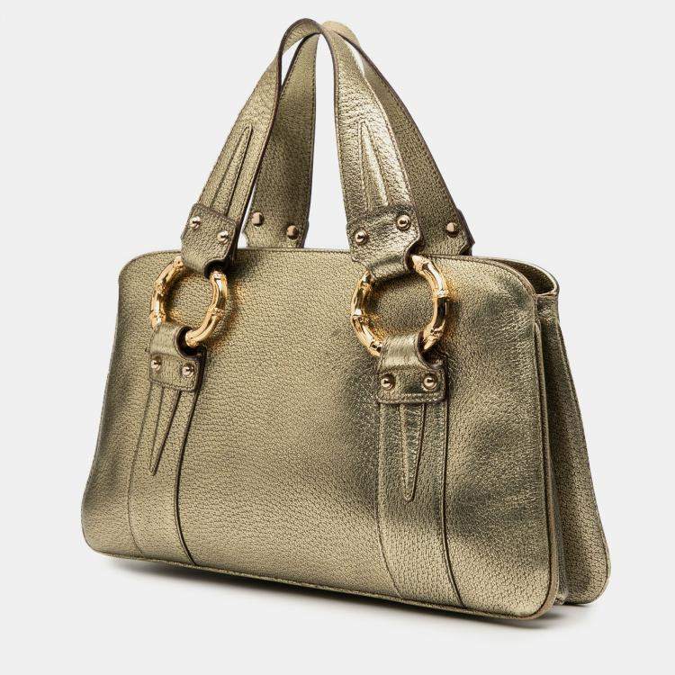 Pre Owned Gucci Gold Metallic Calfskin Metal Bamboo Handbag