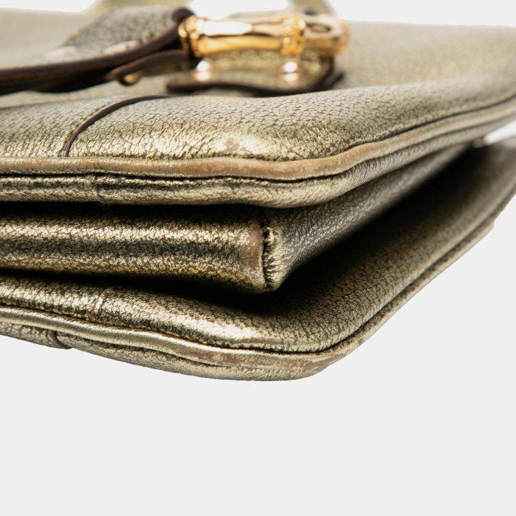 Pre Owned Gucci Gold Metallic Calfskin Metal Bamboo Handbag
