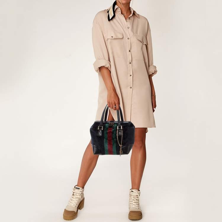 Pre Owned Gucci Multicolor Leather and Velvet Horsebit Embossed Velour Web Treasure Satchel