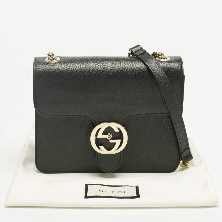 Pre Owned Gucci Black Leather Dollar Interlocking G Flap Chain Shoulder Bag
