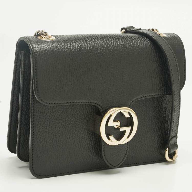 Pre Owned Gucci Black Leather Dollar Interlocking G Flap Chain Shoulder Bag