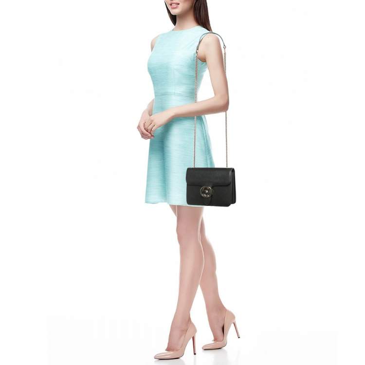 Pre Owned Gucci Black Leather Dollar Interlocking G Flap Chain Shoulder Bag