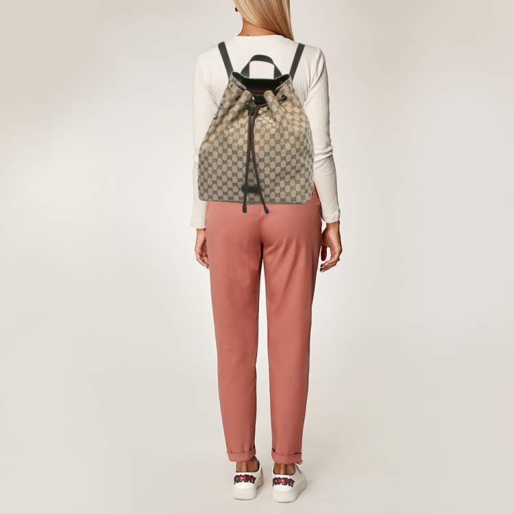 Pre Owned Gucci Beige/Brown GG Canvas and Leather Drawstring Backpack