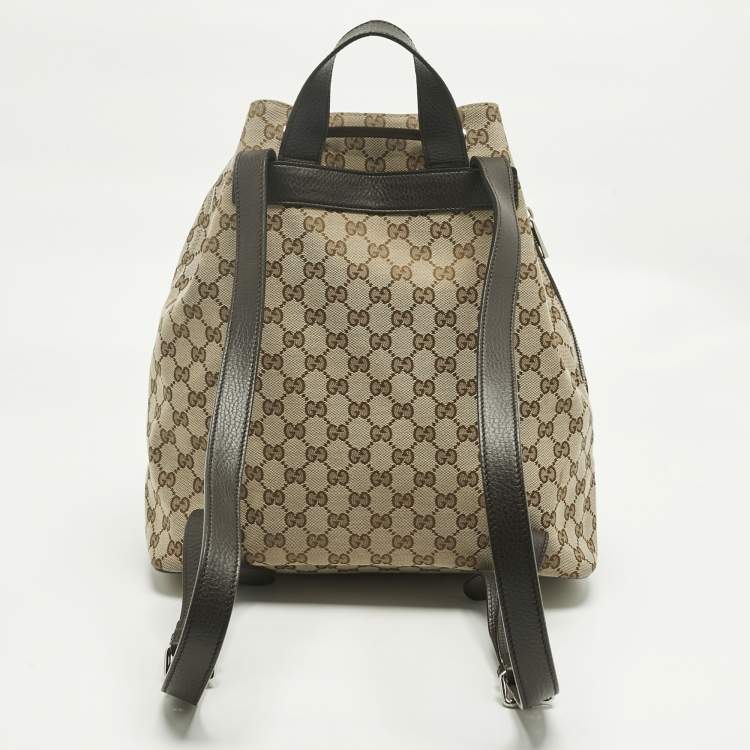 Pre Owned Gucci Beige/Brown GG Canvas and Leather Drawstring Backpack