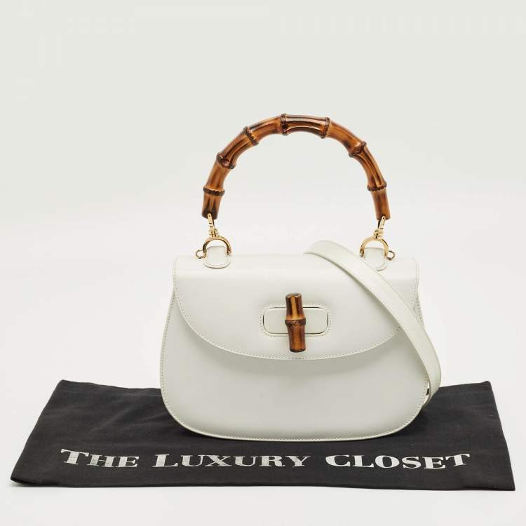 Pre Owned Gucci White Leather Centennial Bamboo Top Handle Bag