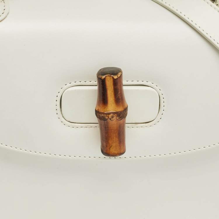 Pre Owned Gucci White Leather Centennial Bamboo Top Handle Bag