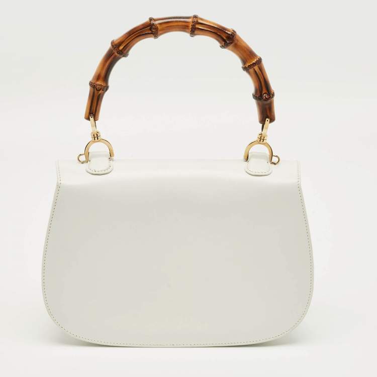 Pre Owned Gucci White Leather Centennial Bamboo Top Handle Bag