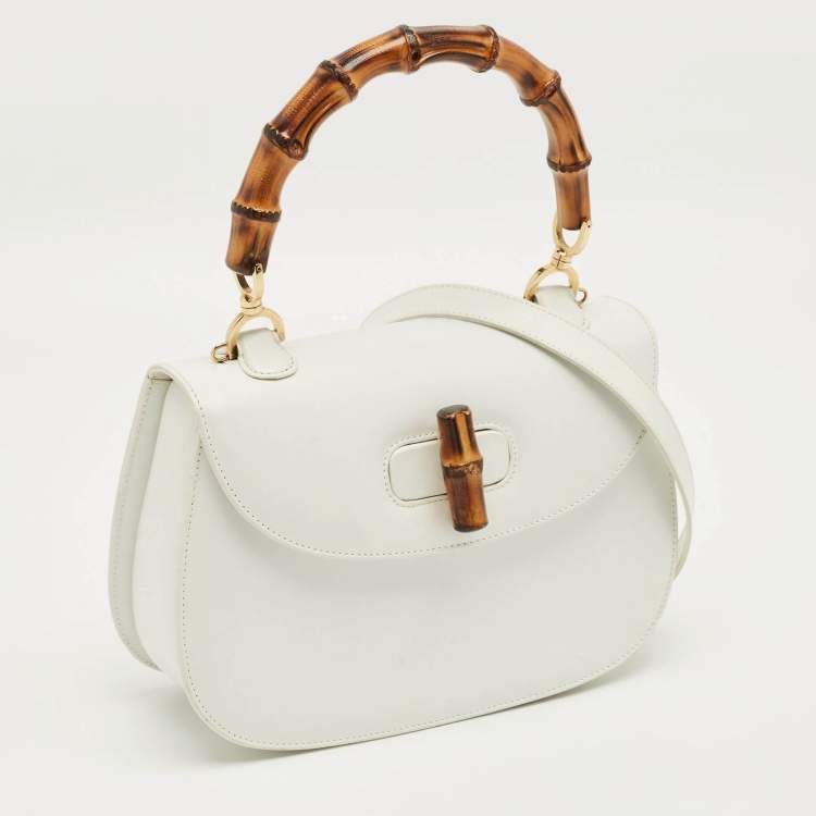 Pre Owned Gucci White Leather Centennial Bamboo Top Handle Bag