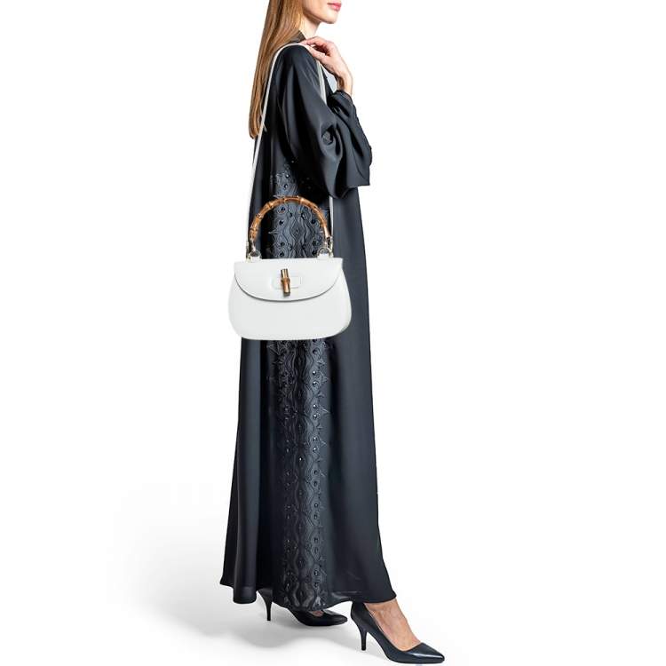 Pre Owned Gucci White Leather Centennial Bamboo Top Handle Bag