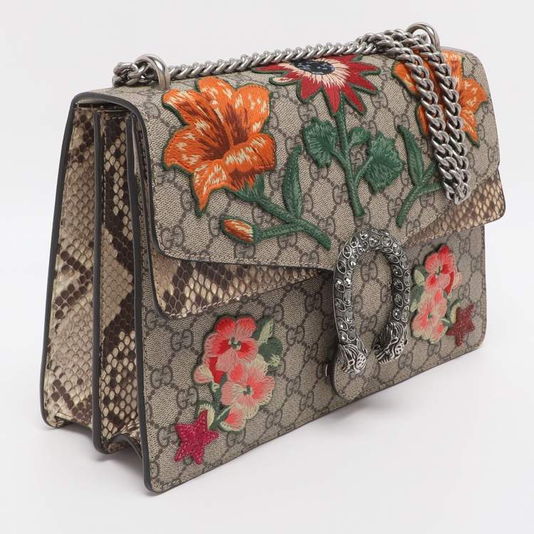 Pre Owned Gucci Beige GG Supreme Canvas Medium Embroidered Dionysus Shoulder Bag