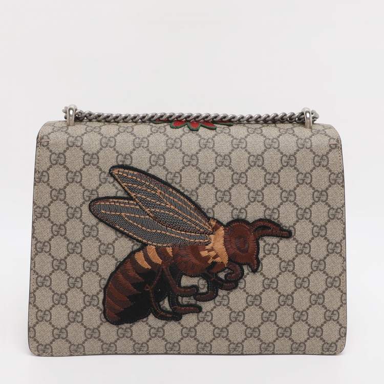 Pre Owned Gucci Beige GG Supreme Canvas Medium Embroidered Dionysus Shoulder Bag