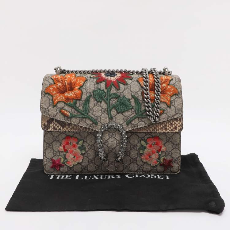 Pre Owned Gucci Beige GG Supreme Canvas Medium Embroidered Dionysus Shoulder Bag