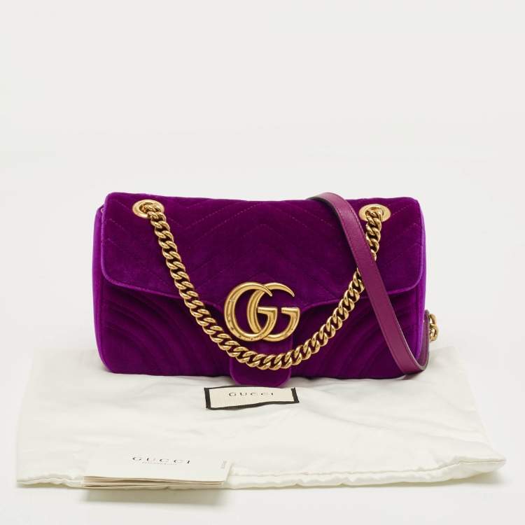 Pre Owned Gucci Purple Matelasse Velvet Small GG Marmont Shoulder Bag