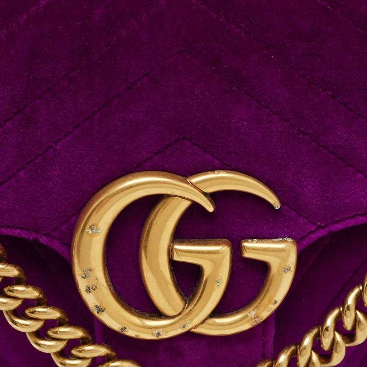 Pre Owned Gucci Purple Matelasse Velvet Small GG Marmont Shoulder Bag