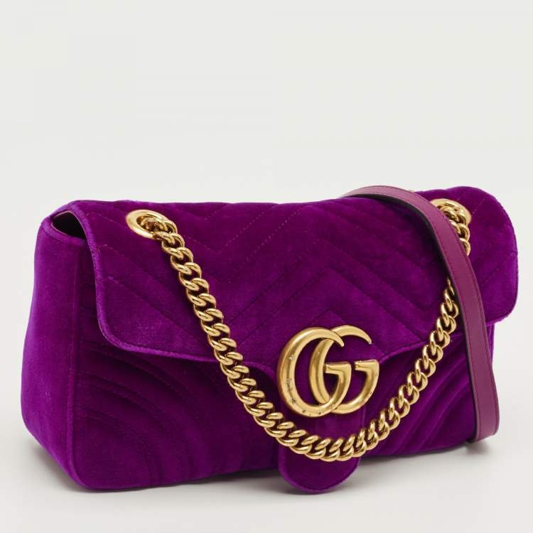 Pre Owned Gucci Purple Matelasse Velvet Small GG Marmont Shoulder Bag