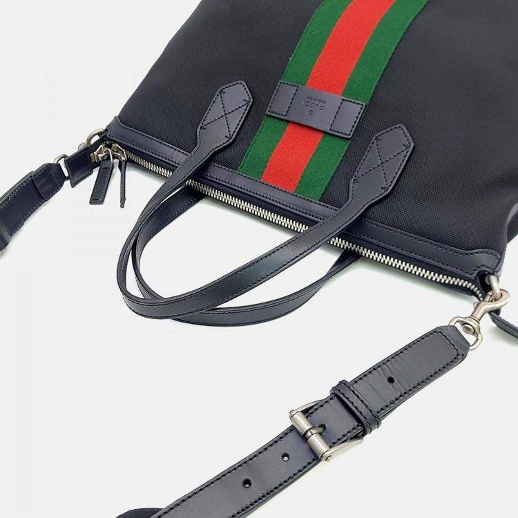 Pre Owned Gucci Black Leather Techno Web Canvas Tote and Shoulder Bag