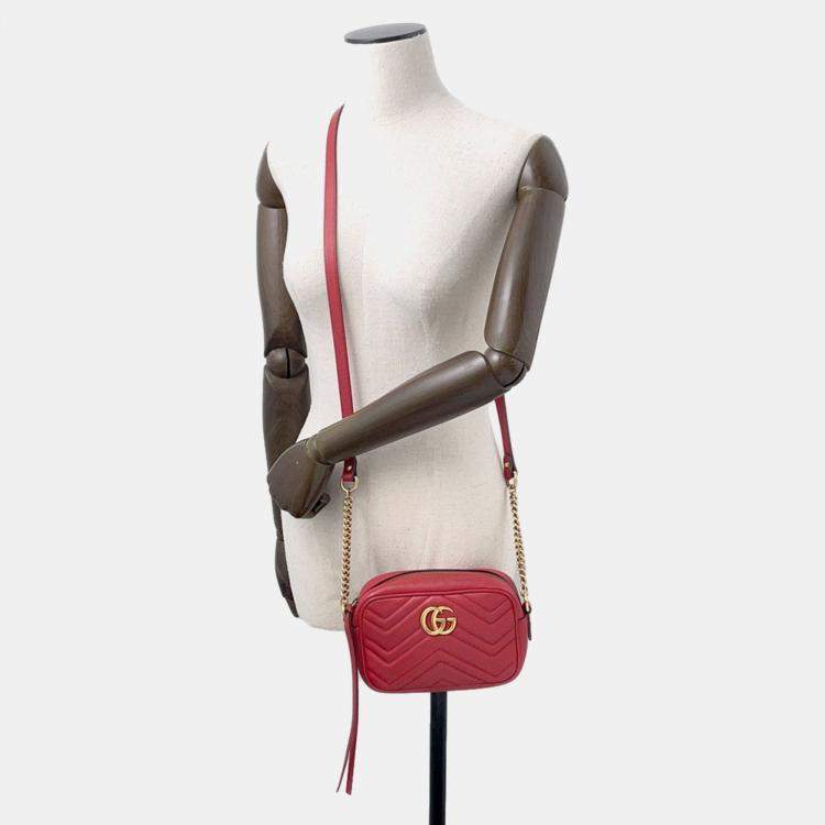 Pre Owned Gucci Gg Marmont Mini Shoulder Bag Red/Beige Leather Size Mini