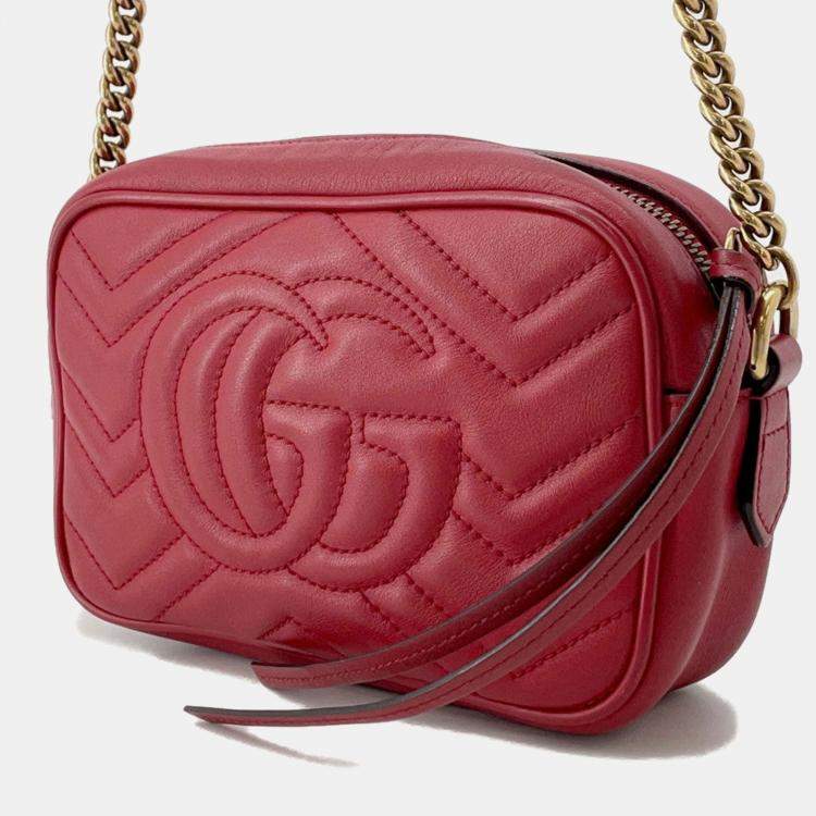 Pre Owned Gucci Gg Marmont Mini Shoulder Bag Red/Beige Leather Size Mini
