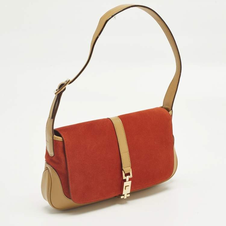 Pre Owned Gucci Jackie O Flap Tan/Orange Leather and Suede Shoulder Bag