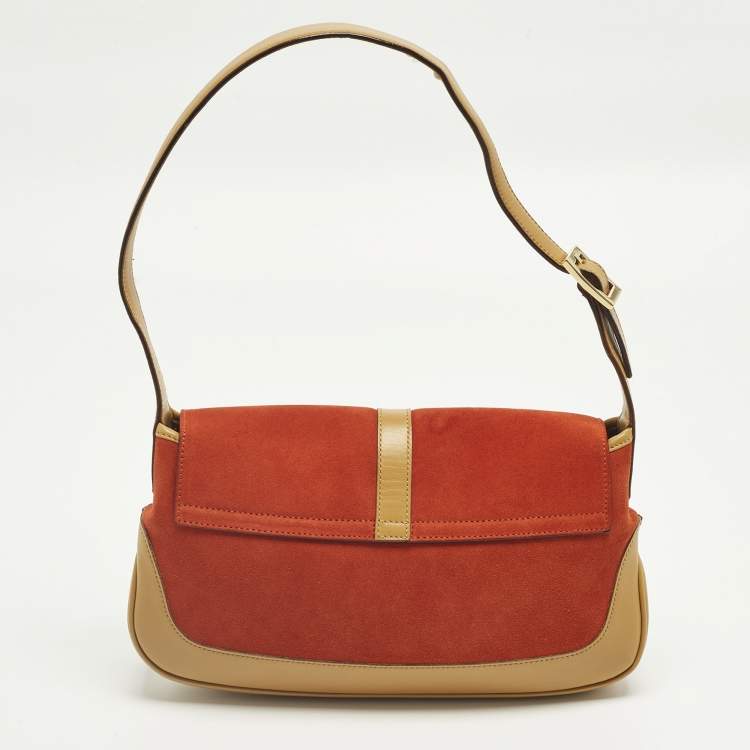 Pre Owned Gucci Jackie O Flap Tan/Orange Leather and Suede Shoulder Bag
