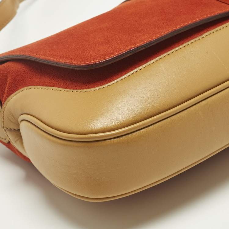 Pre Owned Gucci Jackie O Flap Tan/Orange Leather and Suede Shoulder Bag