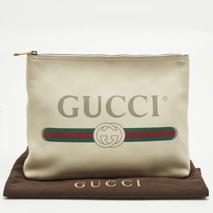 Pre Owned Gucci Logo Print Off White Leather Zip Pouch