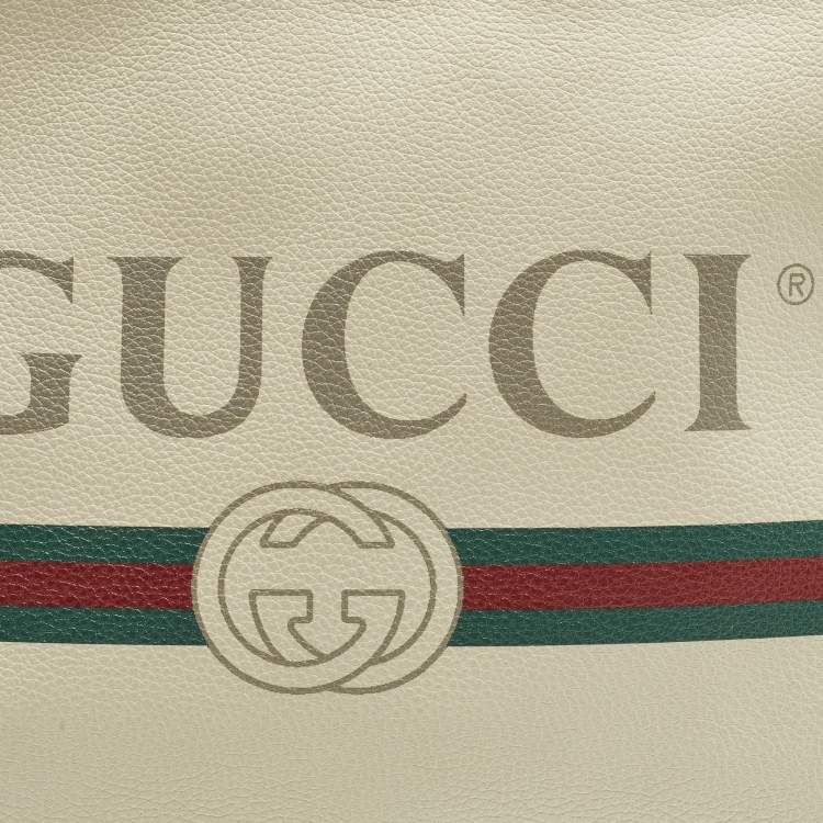 Pre Owned Gucci Logo Print Off White Leather Zip Pouch