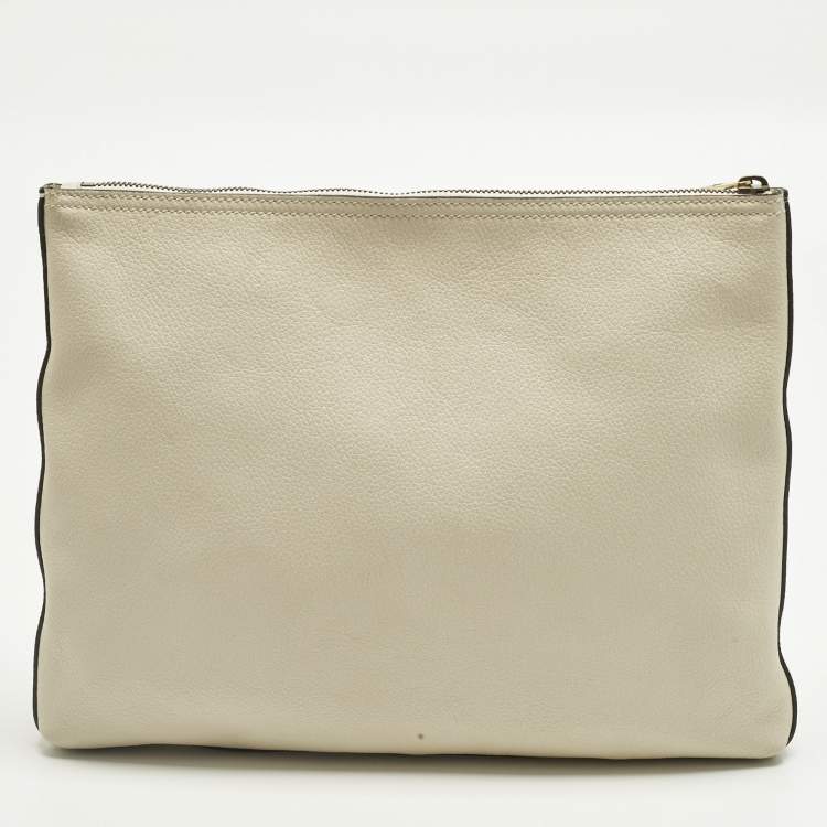Pre Owned Gucci Logo Print Off White Leather Zip Pouch