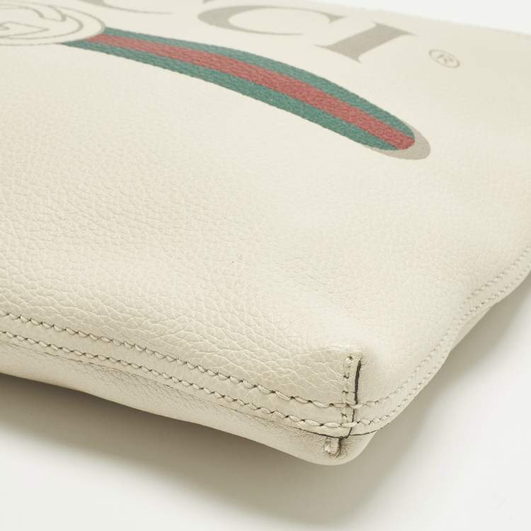 Pre Owned Gucci Logo Print Off White Leather Zip Pouch