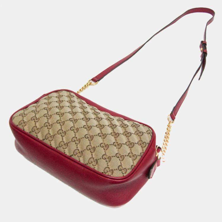 Pre Owned Gucci Beige/Red Leather GG Canvas Marmont Small Camera Shoulder Bag