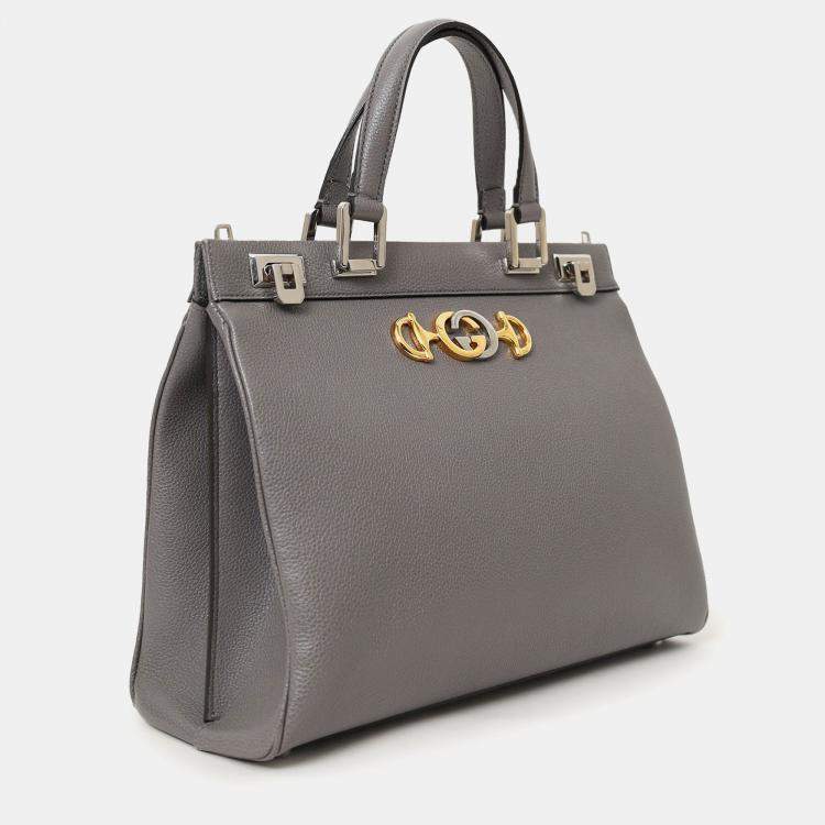 Pre Owned Gucci Grey Grained Leather Interlocking G Horsebit Zumi Medium Tote with Strap