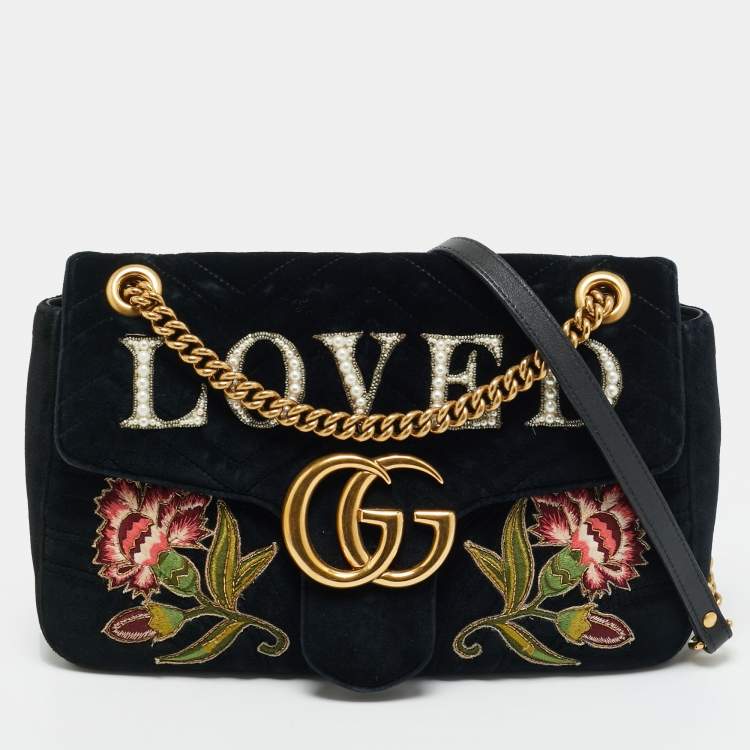 Pre Owned Gucci GG Marmont Loved Embellished Large Black Matelassé Velvet Shoulder Bag
