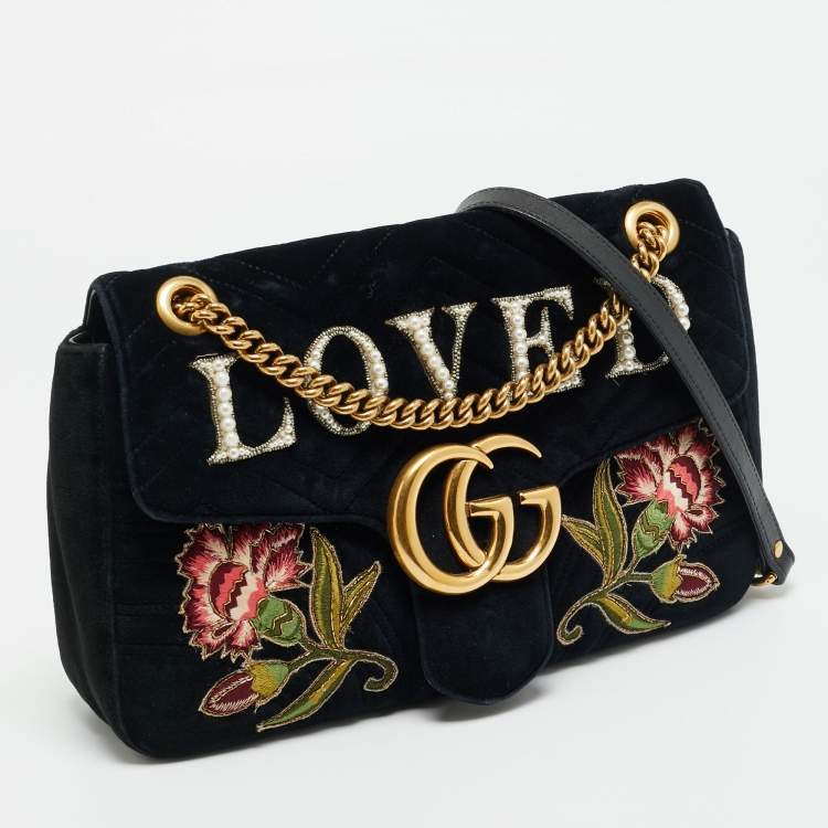 Pre Owned Gucci GG Marmont Loved Embellished Large Black Matelassé Velvet Shoulder Bag