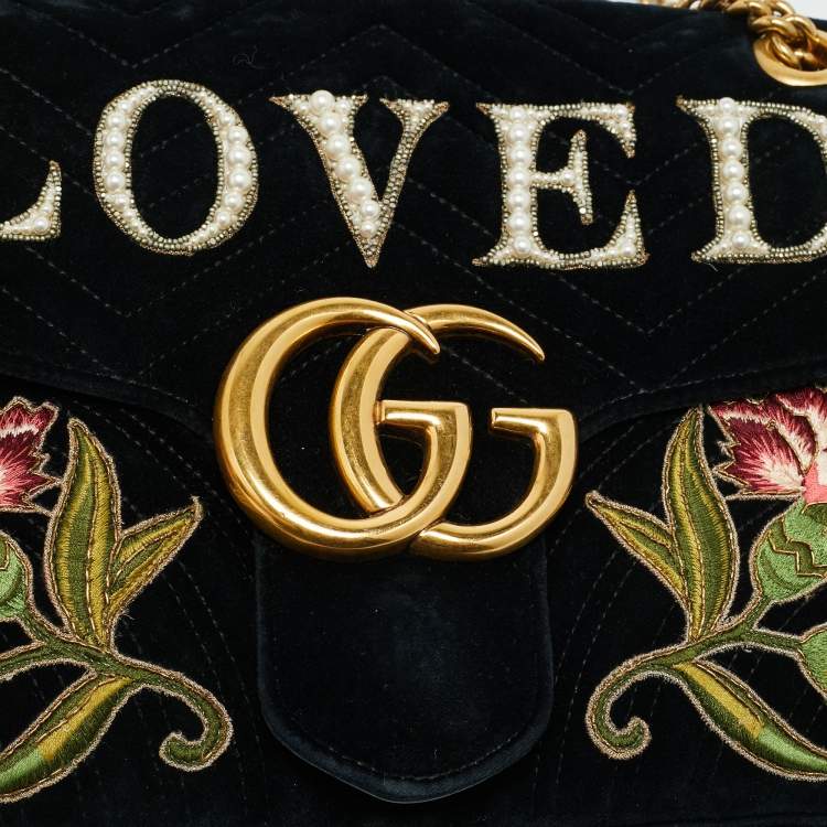 Pre Owned Gucci GG Marmont Loved Embellished Large Black Matelassé Velvet Shoulder Bag
