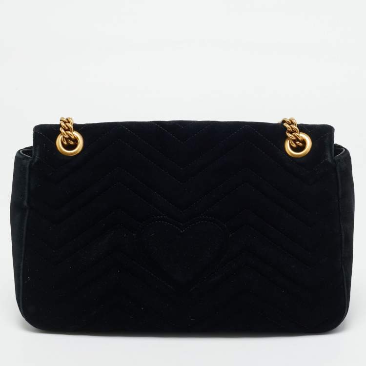 Pre Owned Gucci GG Marmont Loved Embellished Large Black Matelassé Velvet Shoulder Bag