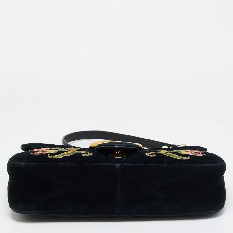 Pre Owned Gucci GG Marmont Loved Embellished Large Black Matelassé Velvet Shoulder Bag