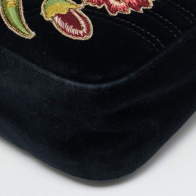 Pre Owned Gucci GG Marmont Loved Embellished Large Black Matelassé Velvet Shoulder Bag