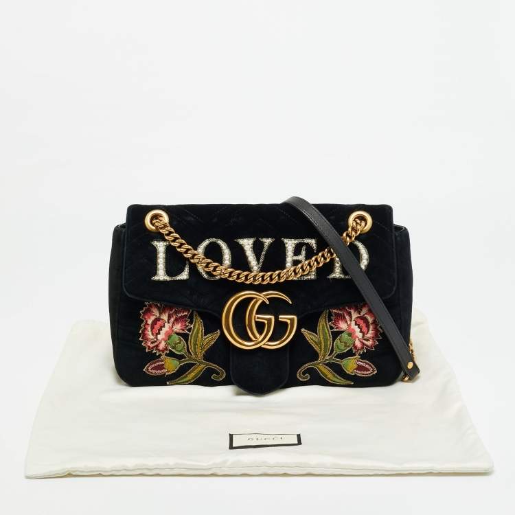 Pre Owned Gucci GG Marmont Loved Embellished Large Black Matelassé Velvet Shoulder Bag