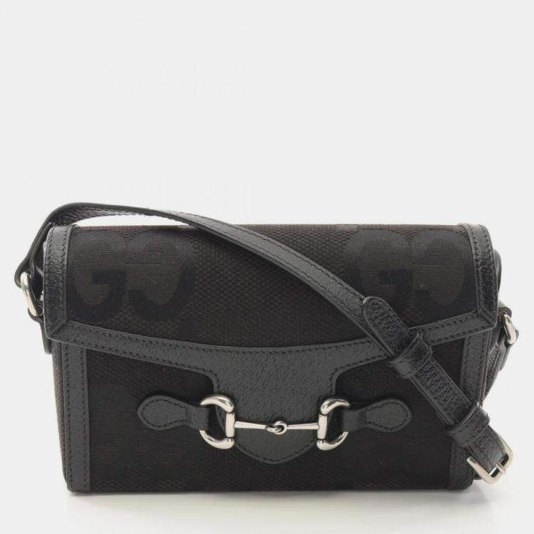 Pre Owned Gucci Horsebit 1955 Jumbo GG Black Canvas Leather Shoulder Bag 