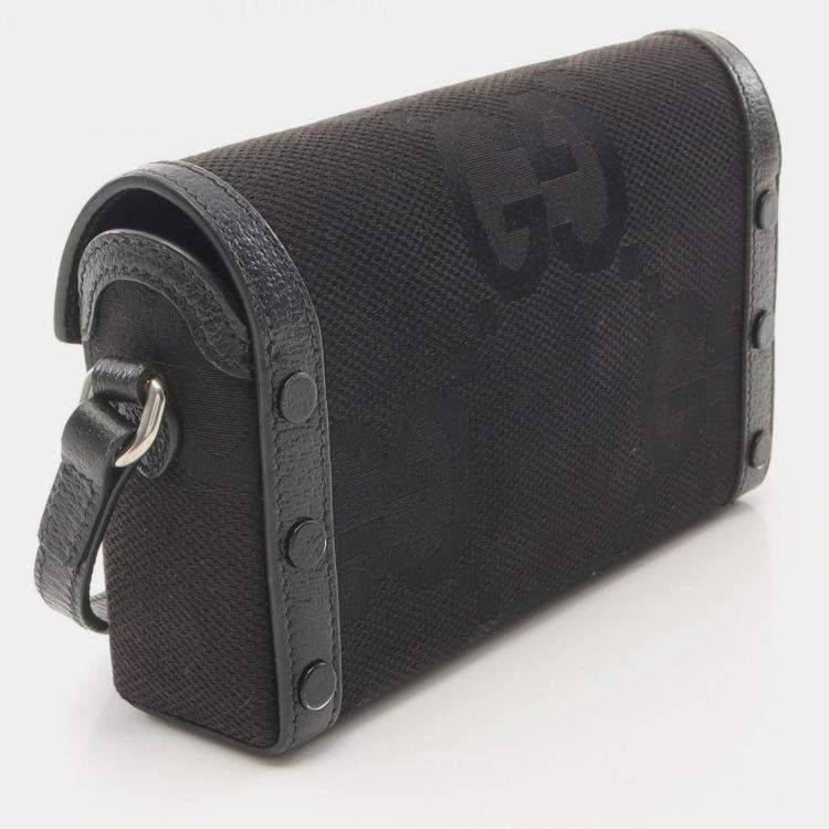 Pre Owned Gucci Horsebit 1955 Jumbo GG Black Canvas Leather Shoulder Bag 