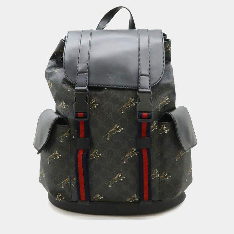 Pre Owned Gucci Soft Gg Supreme Sherry Line Backpack Tiger Pvc Leather Black Grey