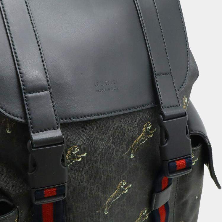 Pre Owned Gucci Soft Gg Supreme Sherry Line Backpack Tiger Pvc Leather Black Grey