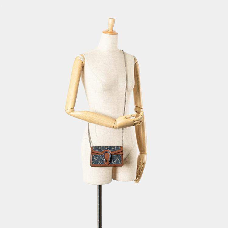 Pre Owned Gucci Gg Denim Dionysus Super Mini Bag Crossbody Chain Indigo Blue Brown Leather