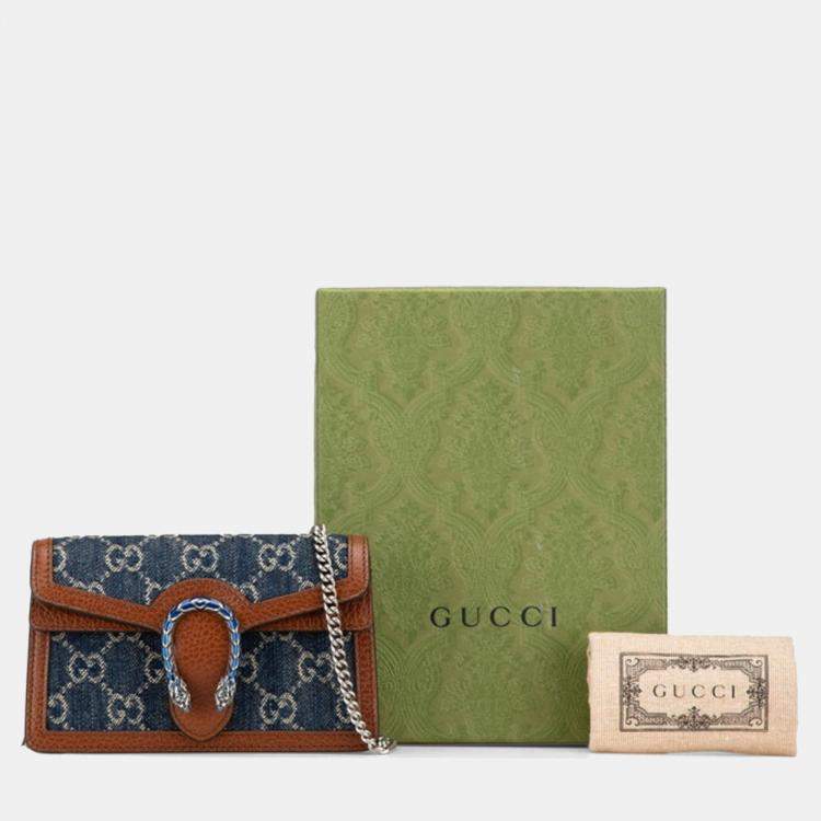 Pre Owned Gucci Gg Denim Dionysus Super Mini Bag Crossbody Chain Indigo Blue Brown Leather